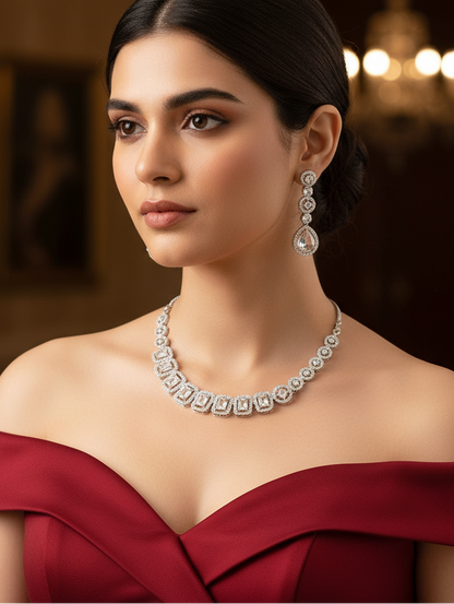 White Cubic Zirconia Sparkle Rhodium-Plated Jewellery Set