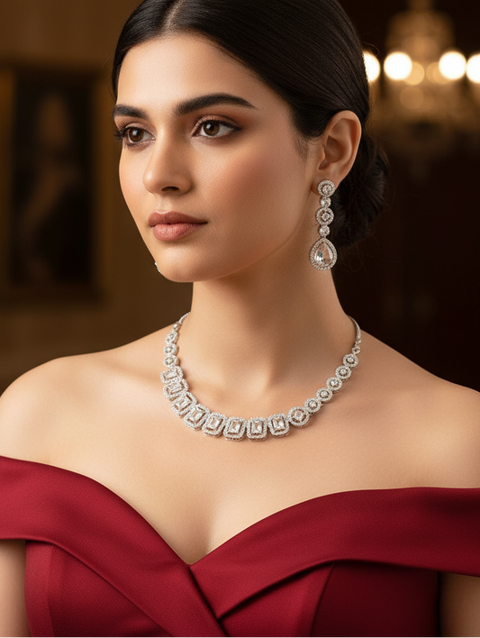 White Cubic Zirconia Sparkle Rhodium-Plated Jewellery Set