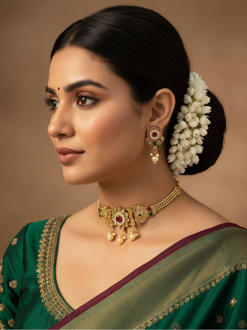 Pearl Medallion Choker Necklace & Earrings Set