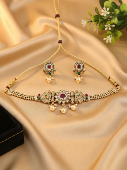 Pearl Medallion Choker Necklace & Earrings Set