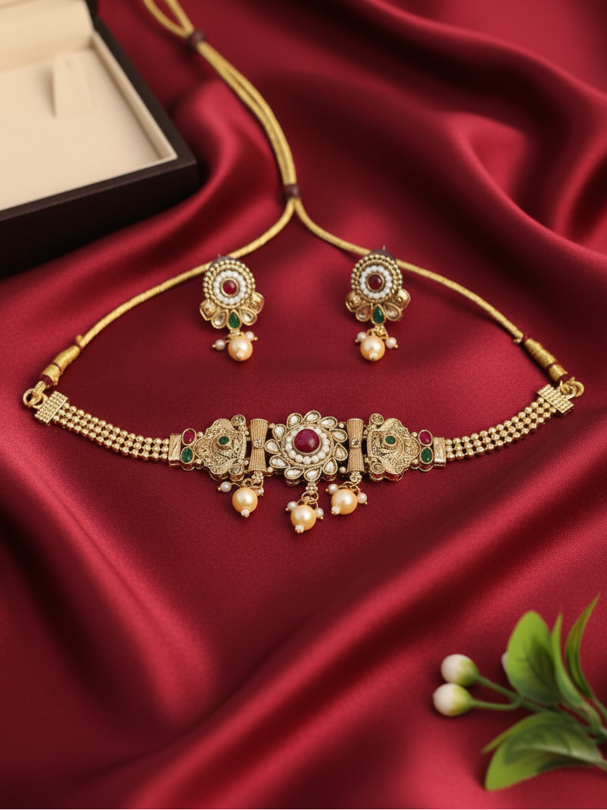 Pearl Medallion Choker Necklace & Earrings Set