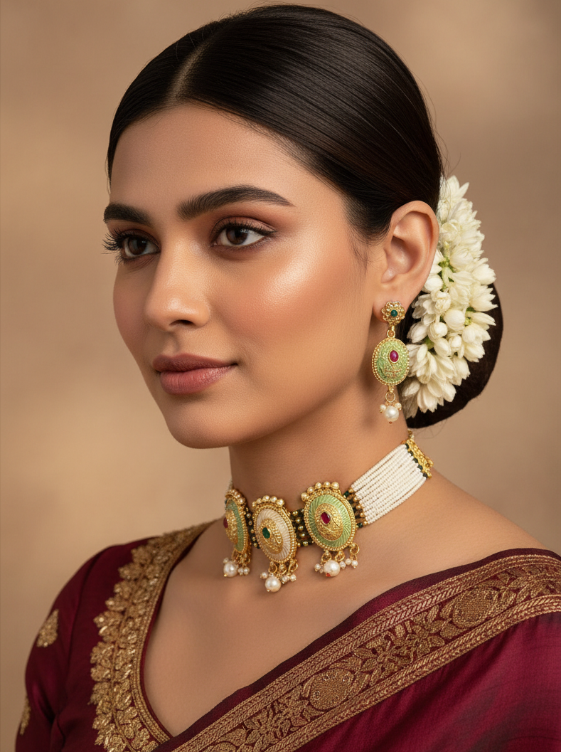 Pearl Strand Medallion Choker Necklace & Earrings Set