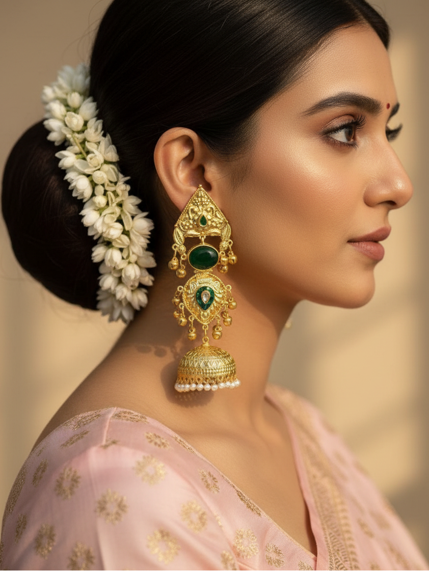 Emerald Temple Jhumka Earrings