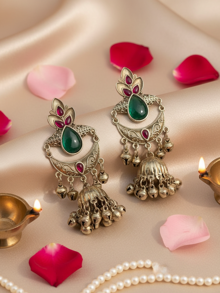 Emerald Lotus Chandbali Jhumka Earrings