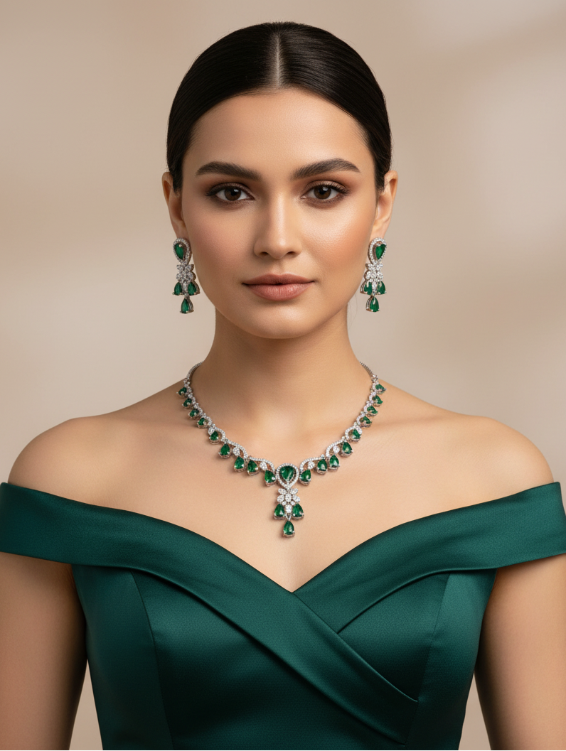 Emerald Majesty Necklace & Earrings Set