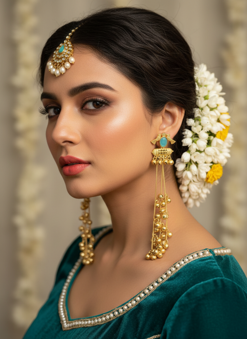 Ruby Blossom Ghungroo Cascade Earrings with Chain Dangles