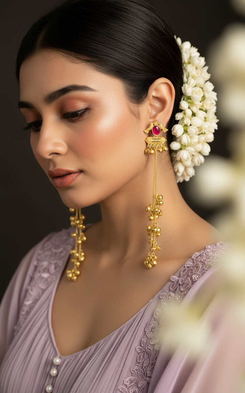 Ruby Blossom Ghungroo Cascade Earrings with Chain Dangles