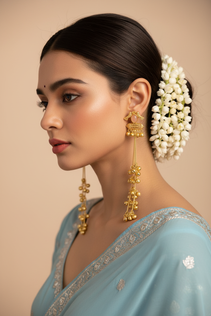Ruby Blossom Ghungroo Cascade Earrings with Chain Dangles