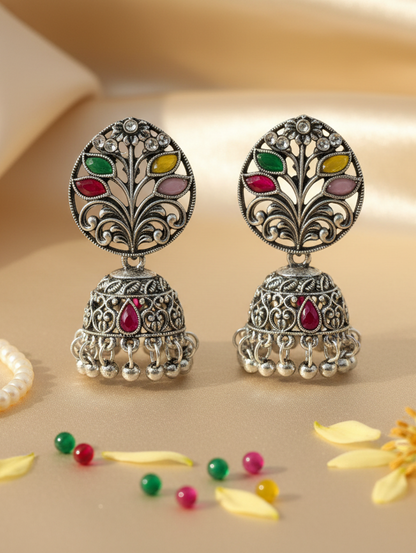 Navratan Peacock Jhumka Earrings with Silver Filigree Chains