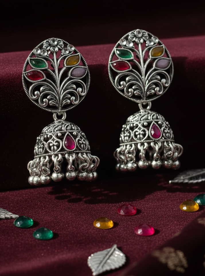 Navratan Peacock Jhumka Earrings with Silver Filigree Chains