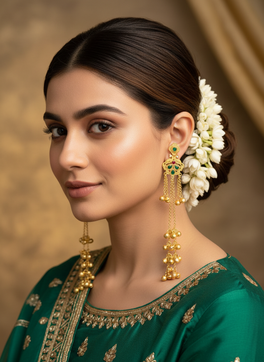 Ruby Crown Filigree Earrings with Golden Ghungroo Cascade