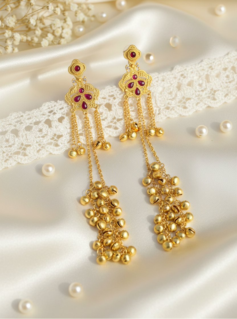 Ruby Crown Filigree Earrings with Golden Ghungroo Cascade
