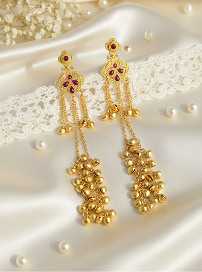 Ruby Crown Filigree Earrings with Golden Ghungroo Cascade