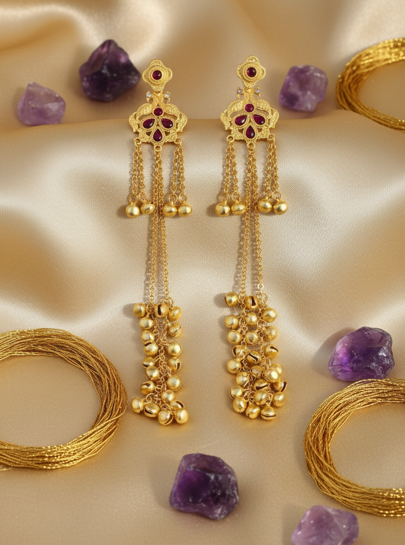 Ruby Crown Filigree Earrings with Golden Ghungroo Cascade