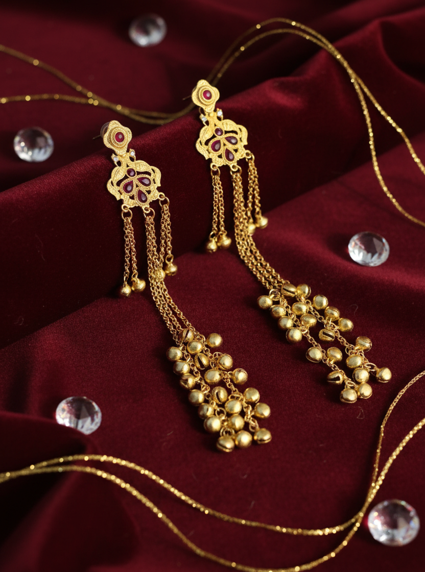 Ruby Crown Filigree Earrings with Golden Ghungroo Cascade