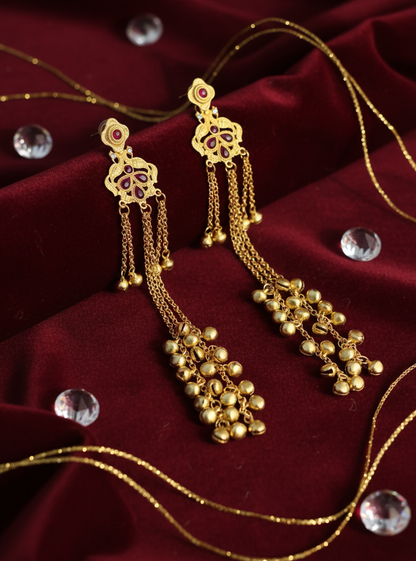 Ruby Crown Filigree Earrings with Golden Ghungroo Cascade