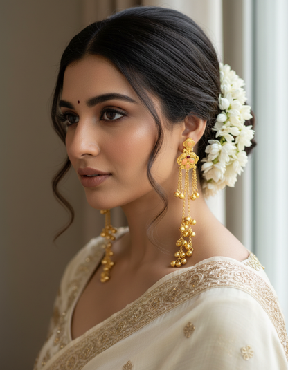 Ruby Crown Filigree Earrings with Golden Ghungroo Cascade