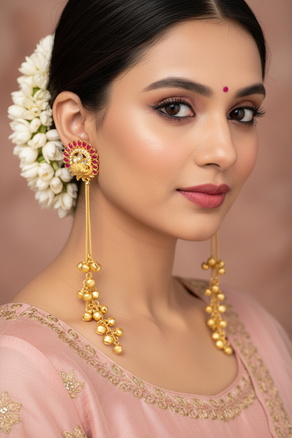 Sapphire Peacock Plume Earrings with Golden Ghungroo Cascade