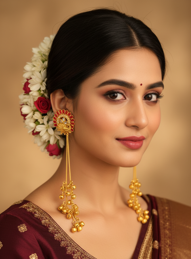 Ruby Peacock Halo Earrings with Golden Ghungroo Cascade