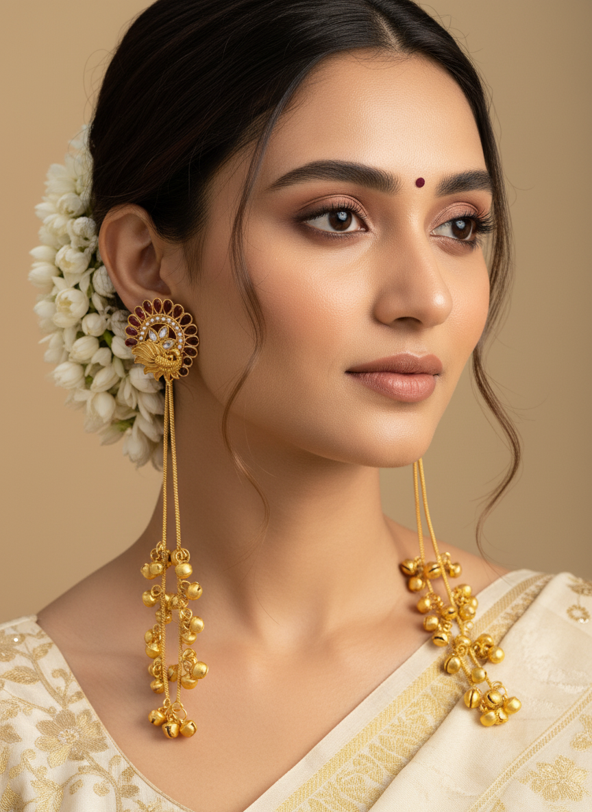 Sapphire Peacock Plume Earrings with Golden Ghungroo Cascade
