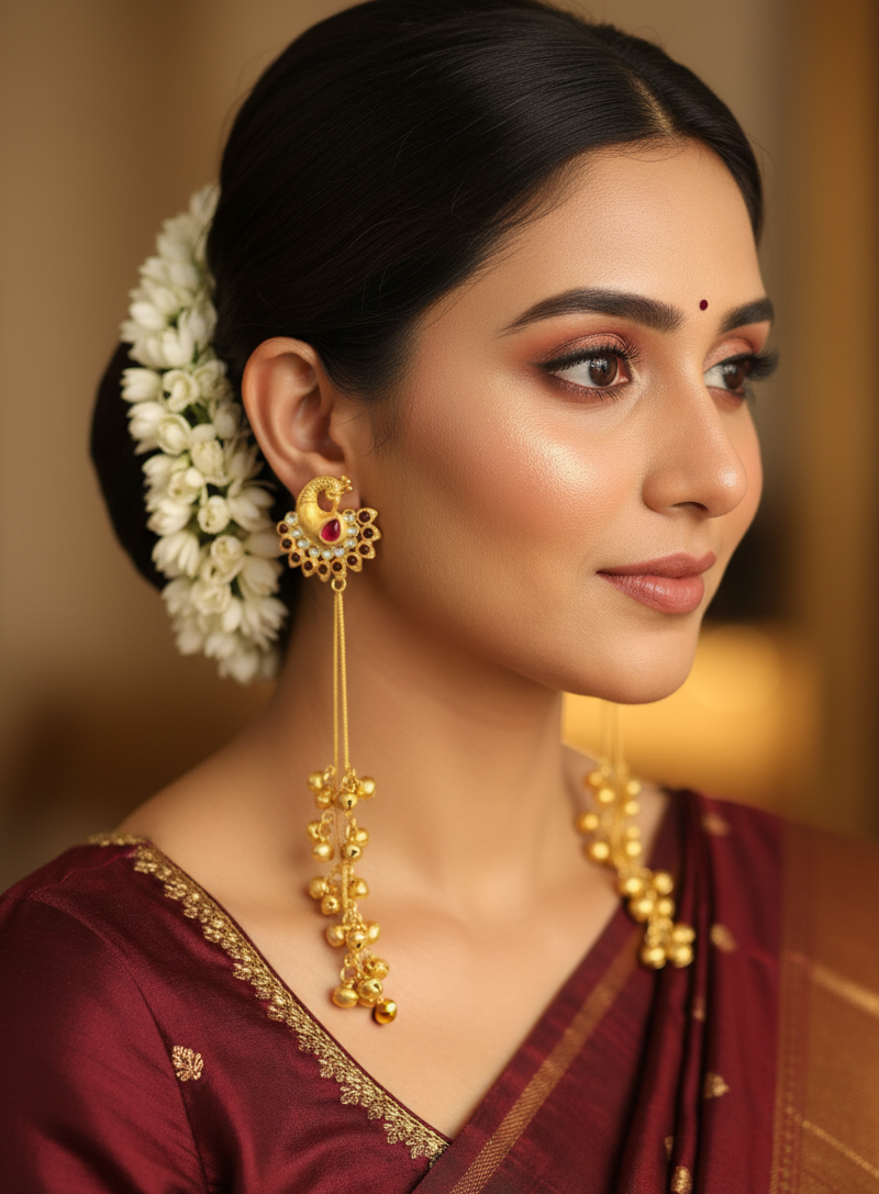 Ruby Crescent Peacock Earrings with Golden Ghungroo Cascade