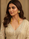 Sapphire Peacock Plume Earrings with Golden Ghungroo Cascade