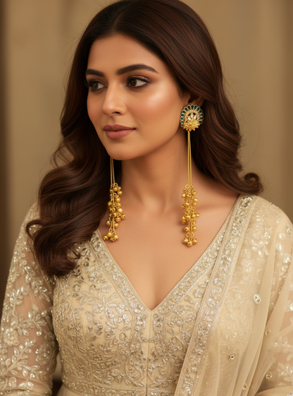 Sapphire Peacock Plume Earrings with Golden Ghungroo Cascade