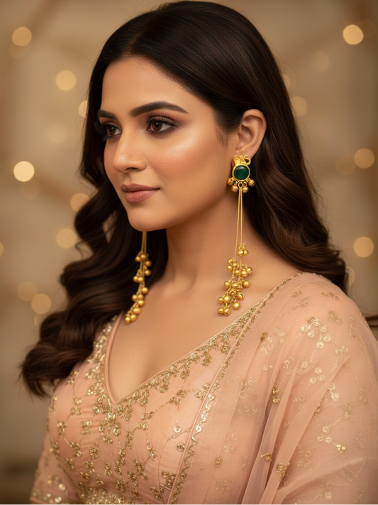 Emerald Elephant Earrings with Golden Ghungroo Cascade