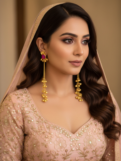 Fuchsia Elephant Earrings with Golden Ghungroo Cascade