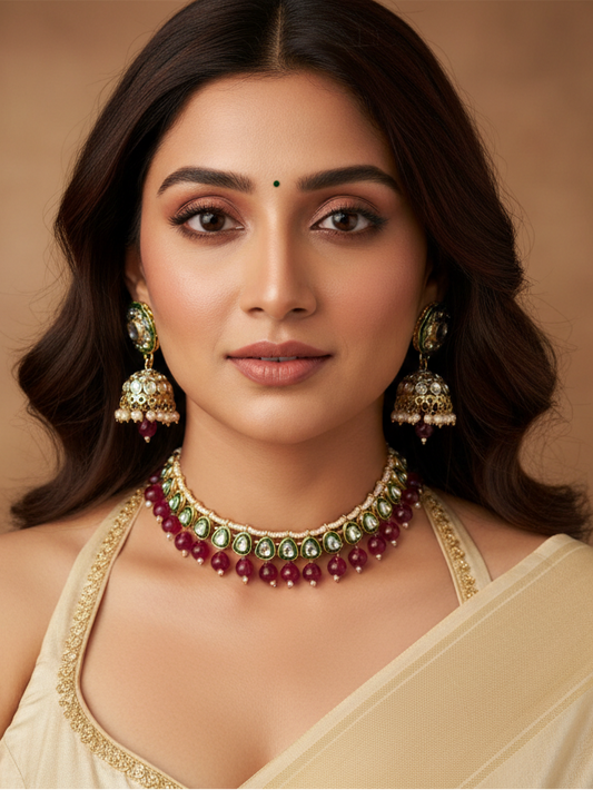Emerald Kundan Choker, Earrings & Maang Tikka Set with Garnet Cascade
