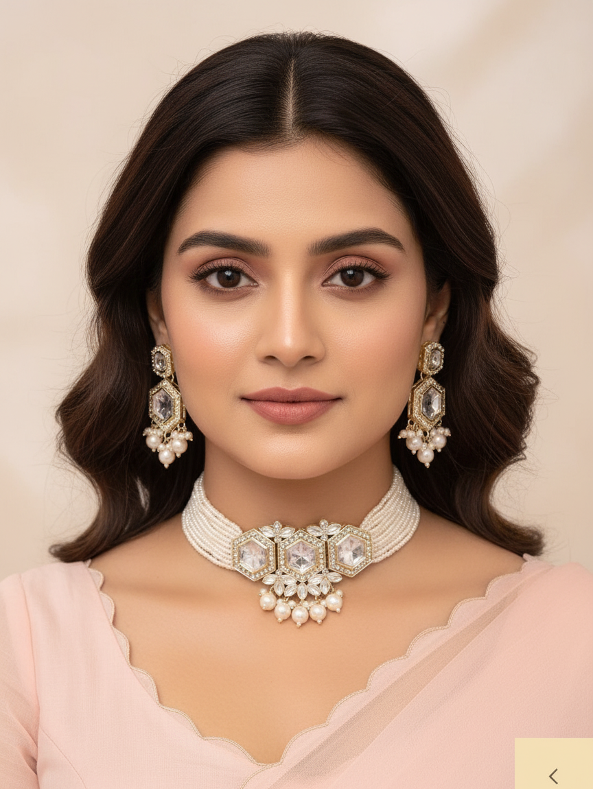 Pearl Strand & White Kundan Hexa Statement Jewellery Set