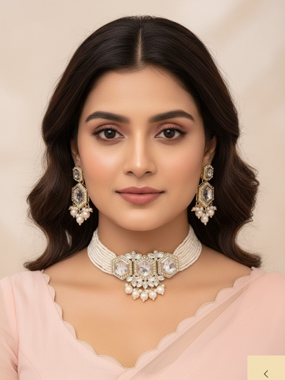 Pearl Strand & White Kundan Hexa Statement Jewellery Set