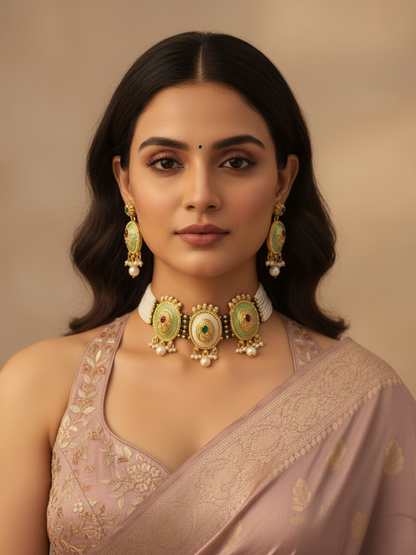 Pearl Strand Medallion Choker Necklace & Earrings Set