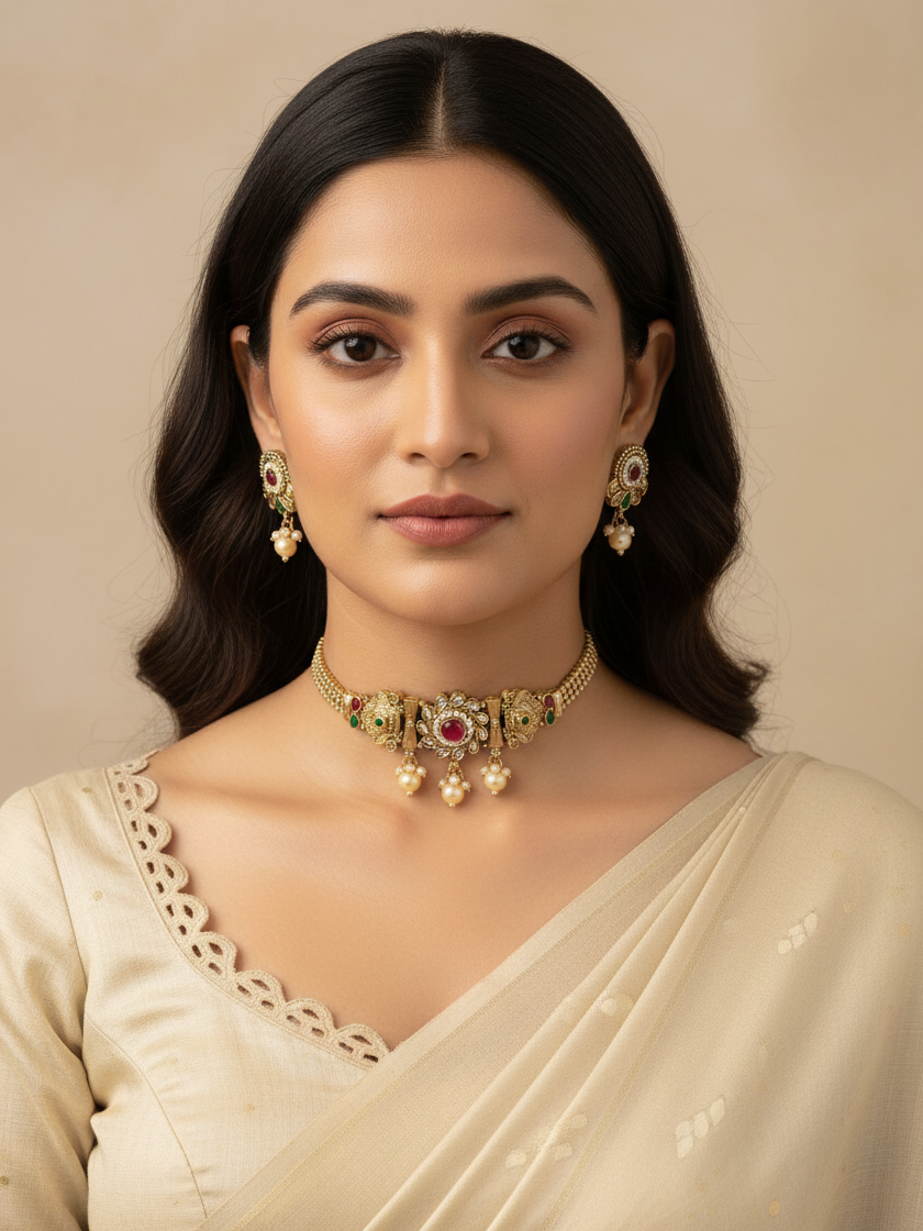 Pearl Medallion Choker Necklace & Earrings Set