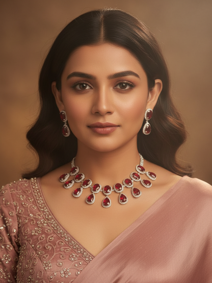 Crimson Elegance American Diamond Necklace Set
