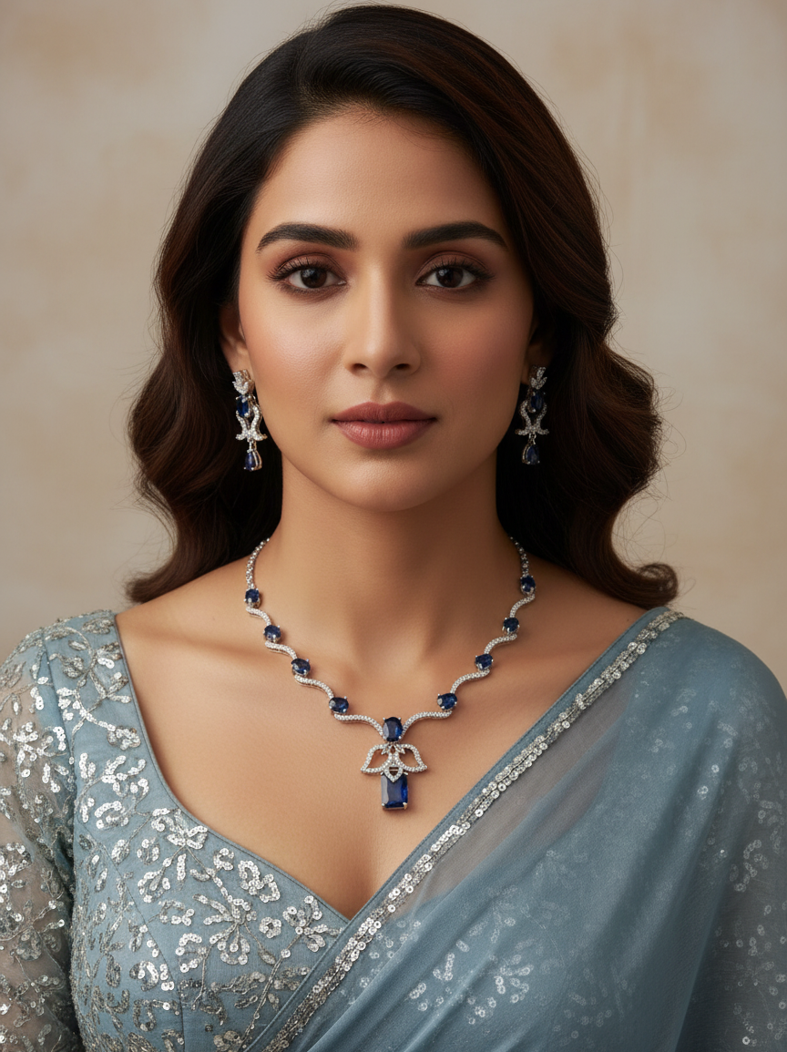 Sapphire Wave Necklace & Earrings Set