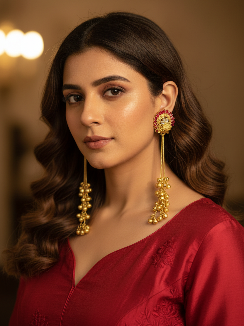 Ruby Peacock Halo Earrings with Golden Ghungroo Cascade