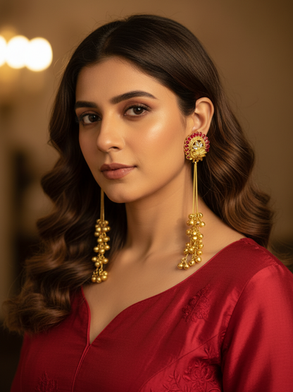 Ruby Peacock Halo Earrings with Golden Ghungroo Cascade