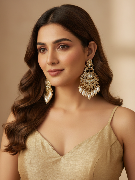 Ira Kundan Pearl Chandbali Earrings