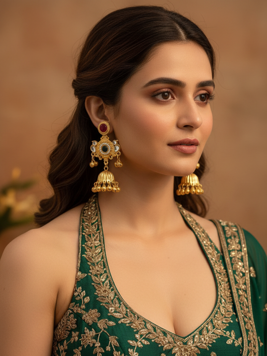 Ruby Kundan Jhumka Ghungroo Earrings