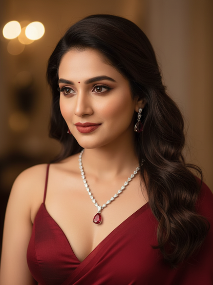 Ruby Teardrop Crystal Necklace & Earrings Set