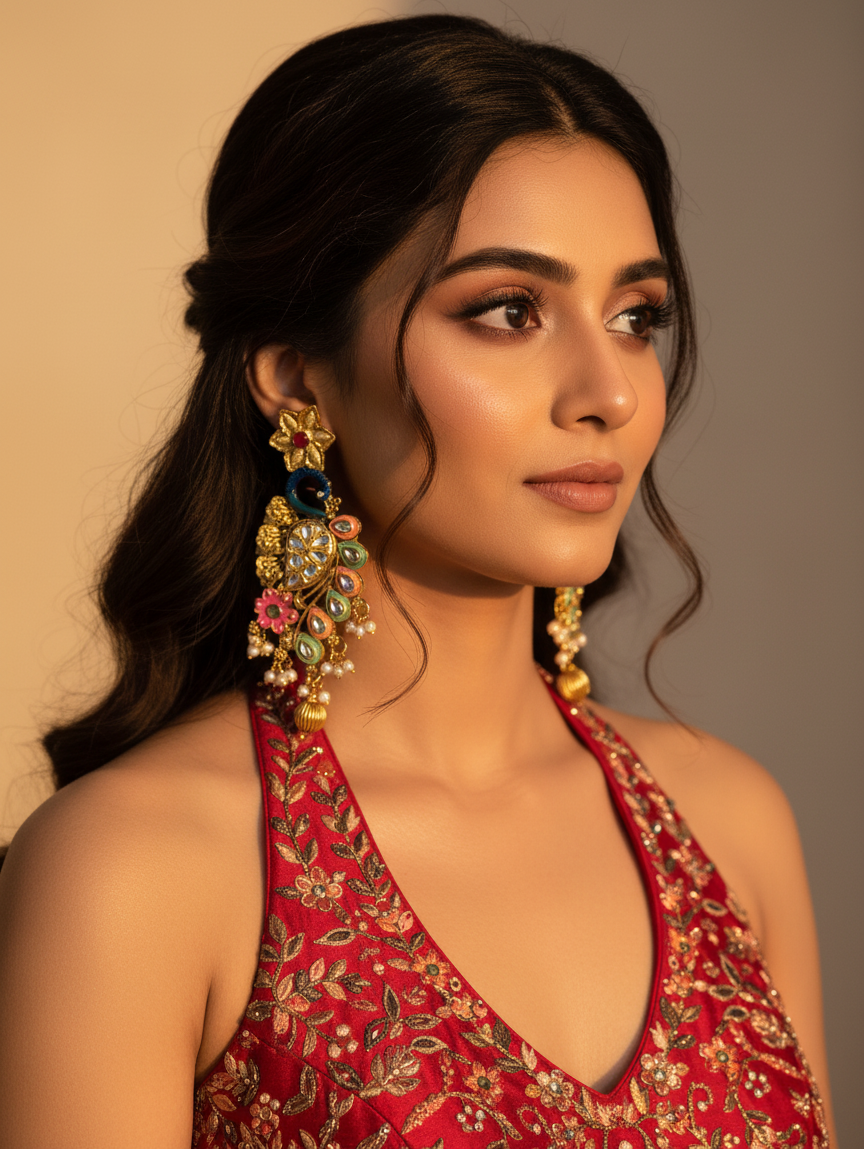 Festive Peacock Cascade Earrings with Pearl Clusters
