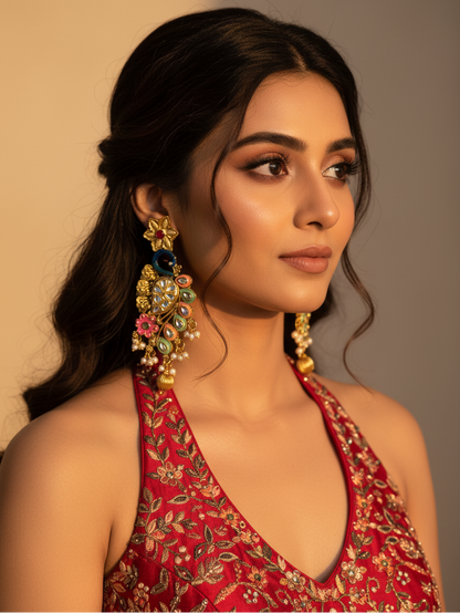 Festive Peacock Cascade Earrings with Pearl Clusters