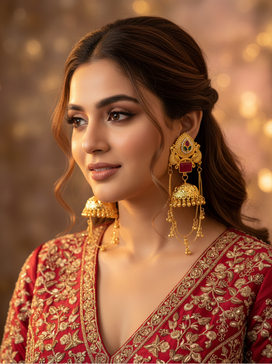 Peacock Jhumka with Ear Chain Earrings