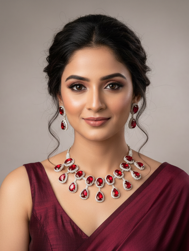 Crimson Elegance American Diamond Necklace Set