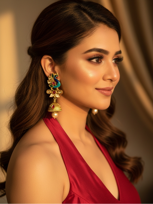 Royal Peacock Jhumka Earrings with Pearl Drops
