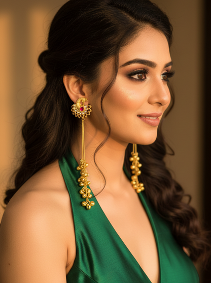 Ruby Crescent Peacock Earrings with Golden Ghungroo Cascade