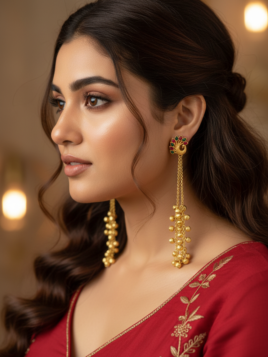 Peacock Ghungroo Cascade Earrings