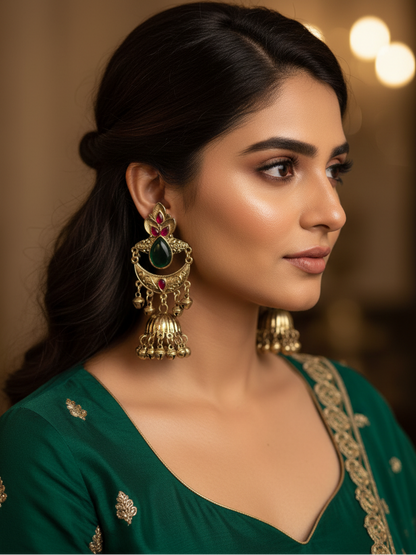Emerald Lotus Chandbali Jhumka Earrings