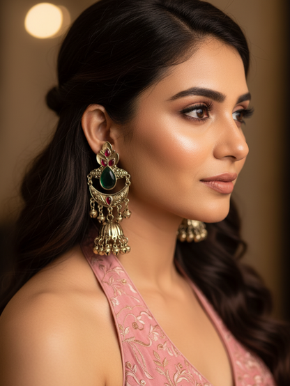 Emerald Lotus Chandbali Jhumka Earrings